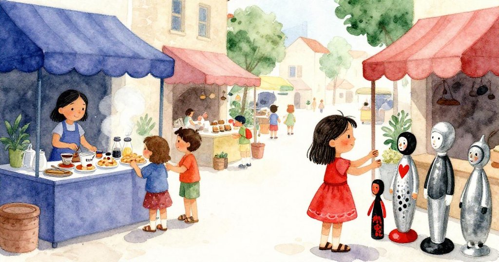 在明亮市集中，羅莎正忙著整理蠟像，蒸氣、歡快小孩與搖曳旗幟交織，呈現充滿活力與溫暖的畫面。