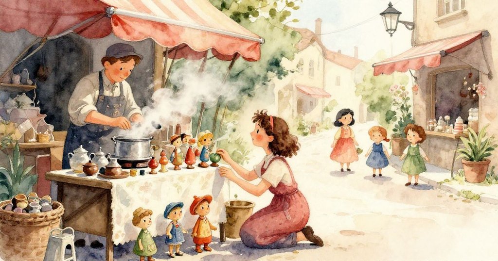 羅莎專注的眼神細看精緻蠟像，眼中充滿溫柔與專注，背景中蒸氣朦朧烘托氛圍。