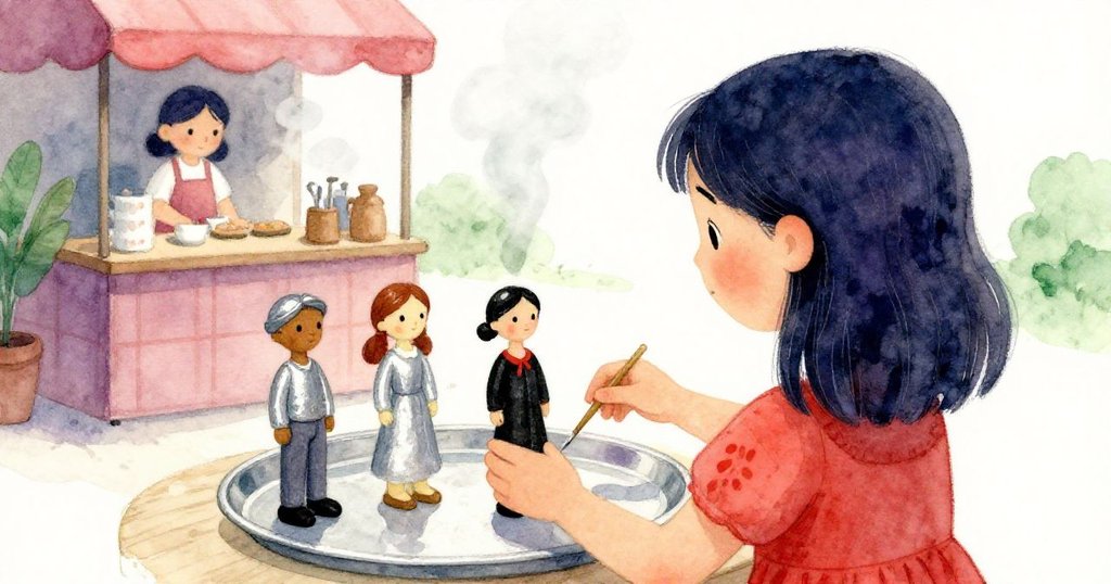 從背後觀察，羅莎正用雙手細心擺放托盤中的蠟像，後景中茶攤與輕柔蒸氣營造溫暖氣氛。