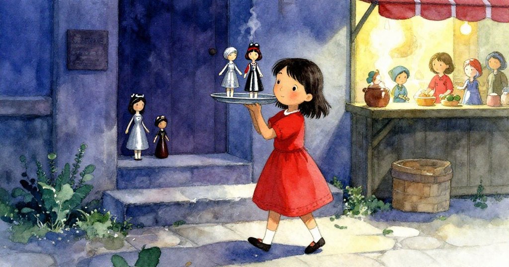 羅莎抱著滿載蠟像的托盤來到陰涼石階，溫暖蒸氣與清冷石面交織，神情充滿思索與柔和。