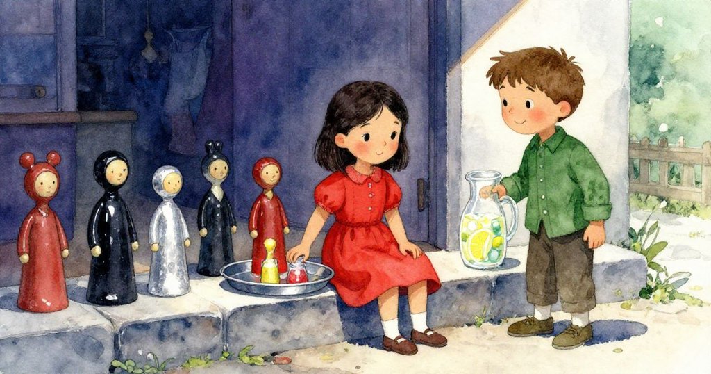 羅莎與埃里克在冷石階旁達成平衡，托盤與冰檸汁映襯出靜謐市集後的溫柔收場。