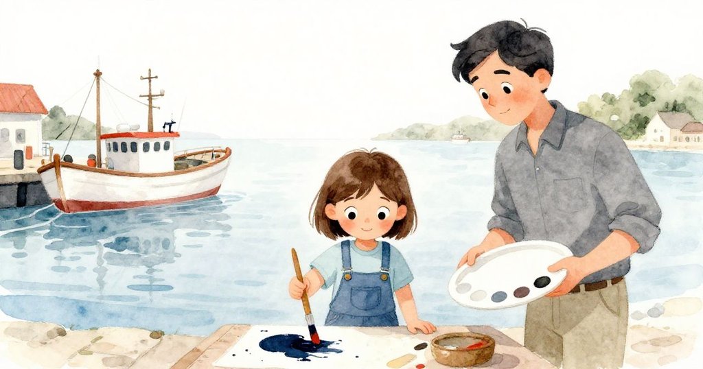 Mabel在海港作畫，肯特輔助持托盤，清晨海浪輕拍木樁，兩人表情專注，環境寧靜生動。