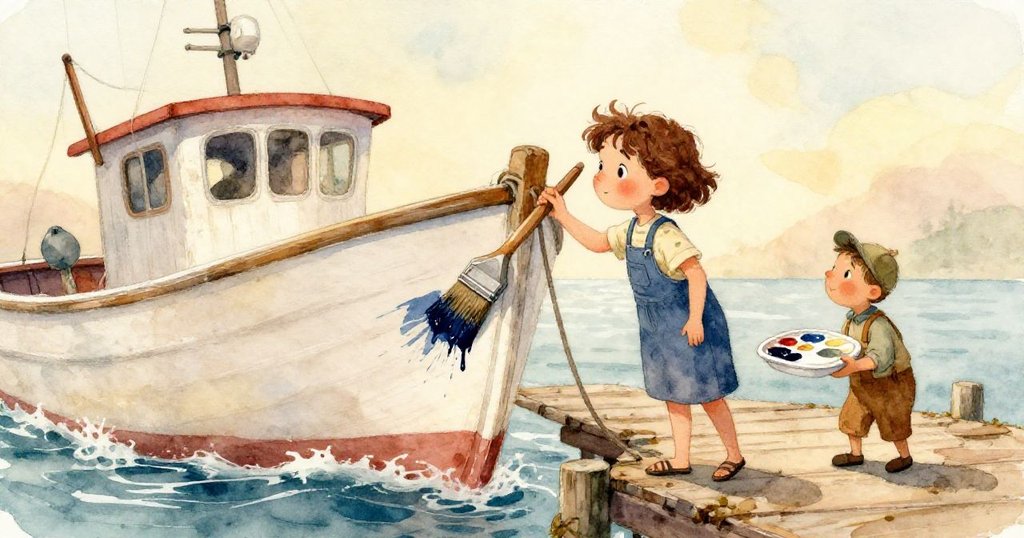 Mabel的鞋子踏在舊木板上，細部展示海港艙板歷史感，畫面專注動感，步伐堅定持續努力。