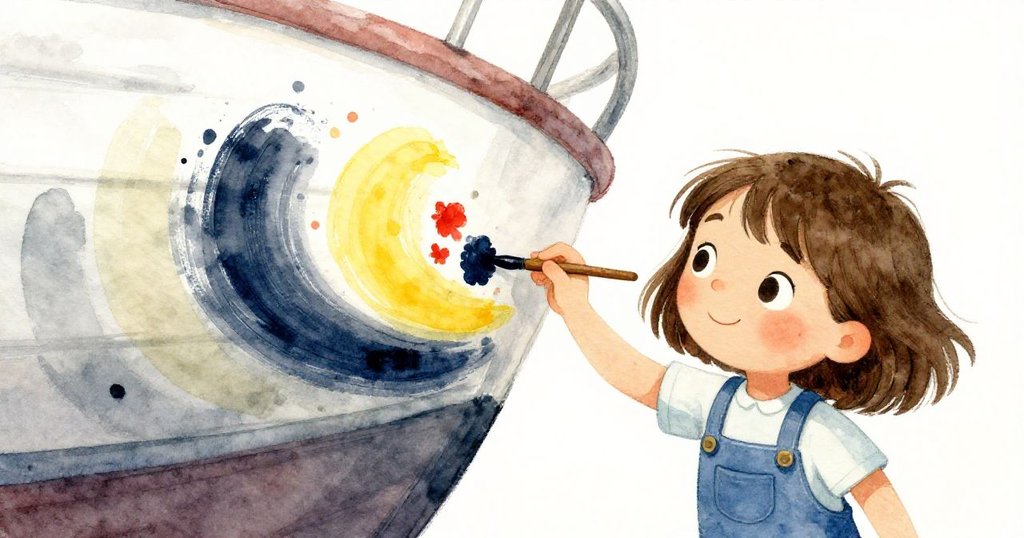 Mabel揮筆作畫，畫筆劃出濃藍與淡黃漩渦，野花花瓣在動態構圖中飛舞，現場充滿驚喜與靈動。