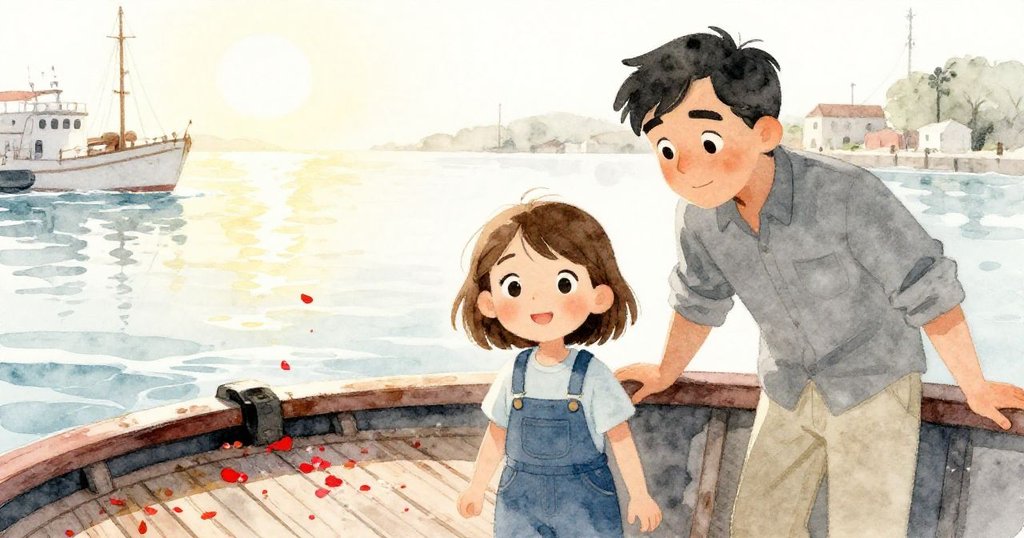 在溫暖陽光和潮水輕漲的海港甲板上，Mabel與肯特作畫間野花花瓣隨風飛舞，四周洋溢自然韻味。