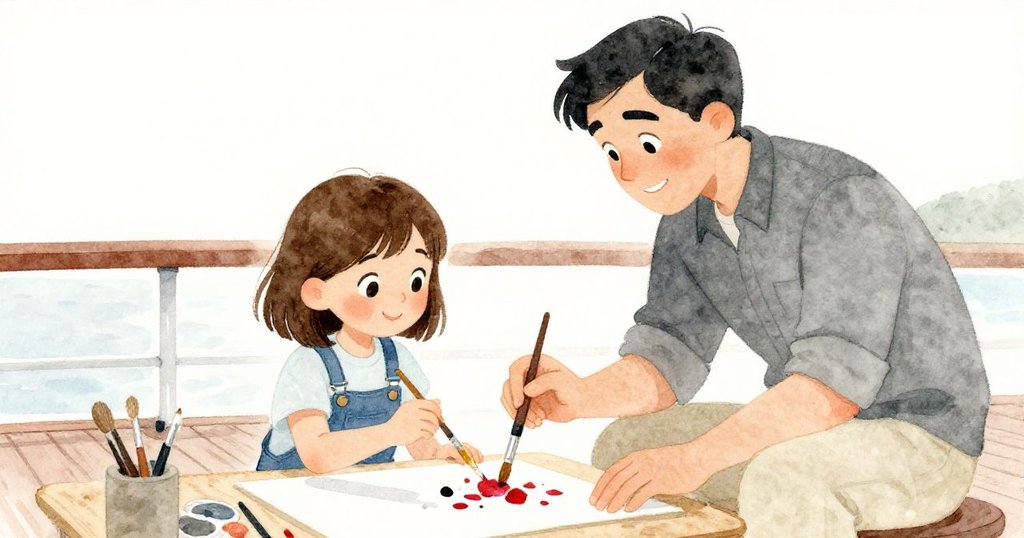 Mabel與肯特齊心作畫，彼此交換微笑，一人取出飄浮花瓣，畫面流露溫馨團隊合作的情感。