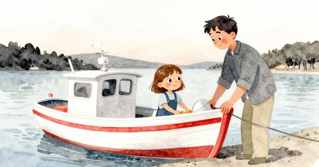 夕陽下海港平靜，Mabel與肯特完成船身條紋作業，共享收工寧靜，環境祥和且充滿歷史感。