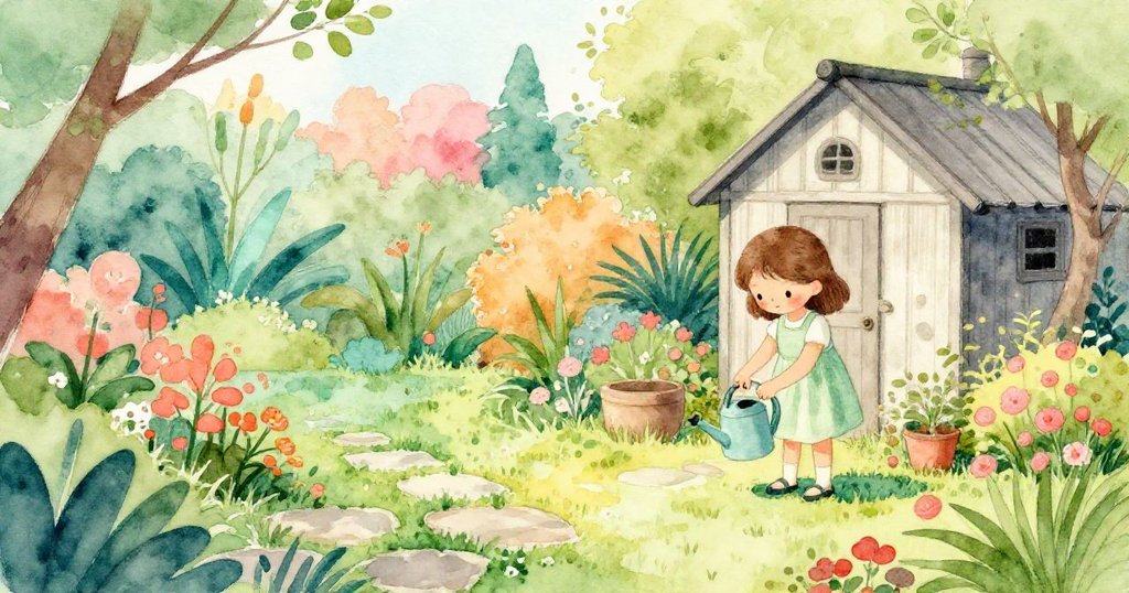 在花園中,Dina調整澆水器,靜靜觀察從舊鐵盒流出的翠綠染料,背景呈現春天復甦的溫暖景象。