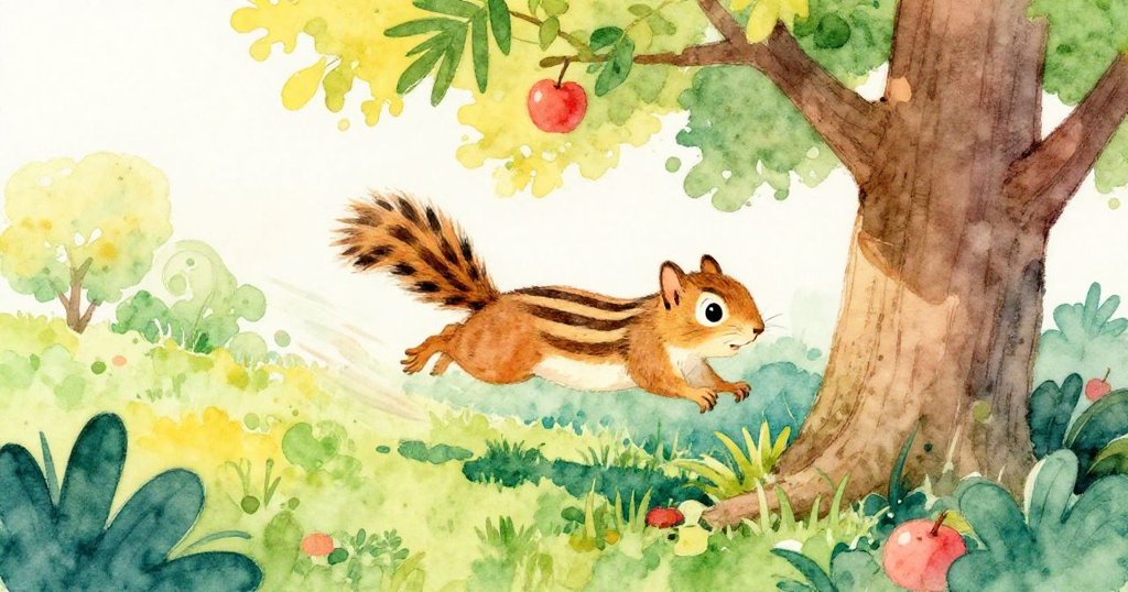 小松鼠從蘋果樹下的低角度視角快速奔跑,專注於翠綠染料與閃爍寶物,情緒活潑好奇,充滿冒險氛圍。