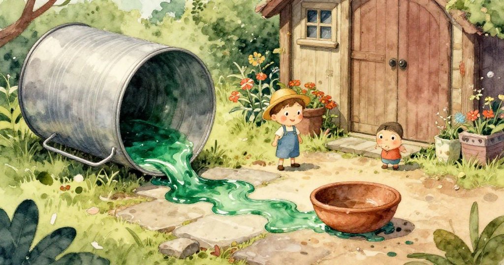 花園中露天排水溝內,翠綠染料流動並冒出泡泡,懶散蜜蜂翩然巡遊,整體氣氛展現春天復甦的輕柔光影。