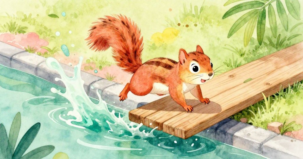 條紋小松鼠在木板上奮力跨越流動的綠染,爪子緊抓油光閃閃的表面,動作急促,表情充滿決心與挑戰。