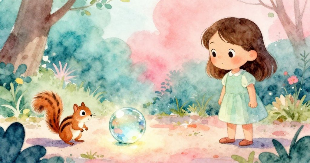 Dina與小松鼠注視著從翻倒陶碗中彈出的玻璃彈珠,它在花園中閃閃發亮,象徵著新開始與充滿希望的未來。
