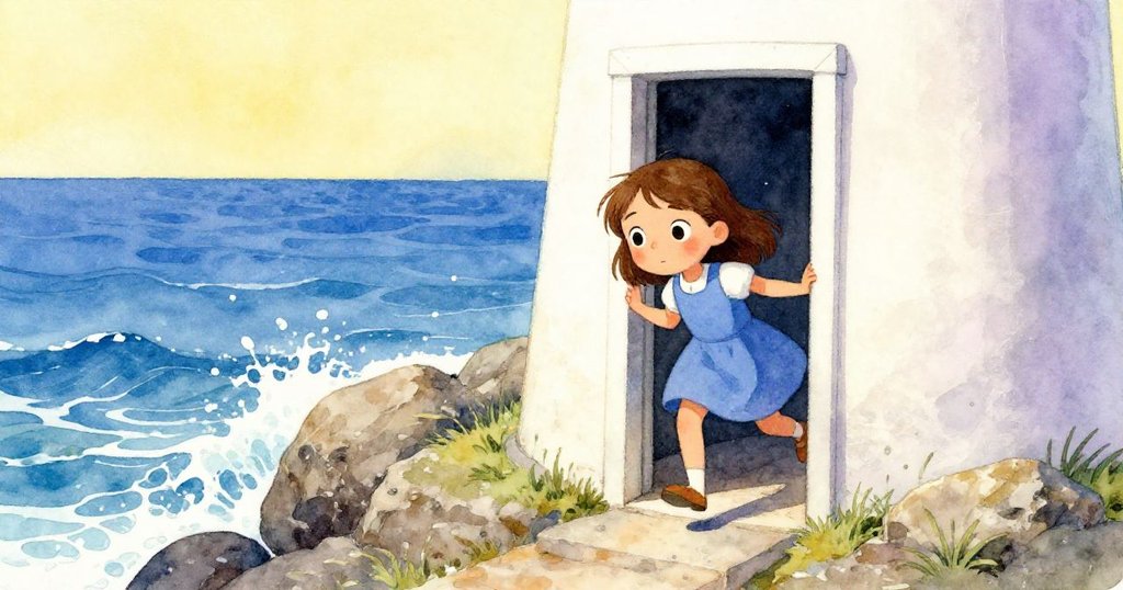 Mae站在燈塔門口,眺望海浪與遠處岩洞,心中懷著對自然景致的熱愛和驚奇。