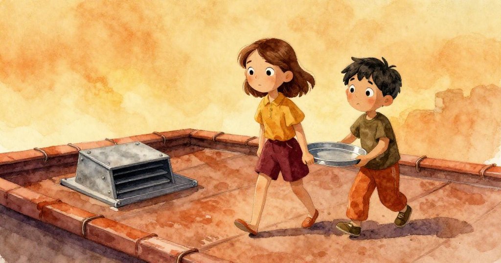 Mae 與 Oscar 站在廣闊屋頂上，金屬通風口發出輕響，兩人滿懷期待揮灑夕陽的金色光芒。