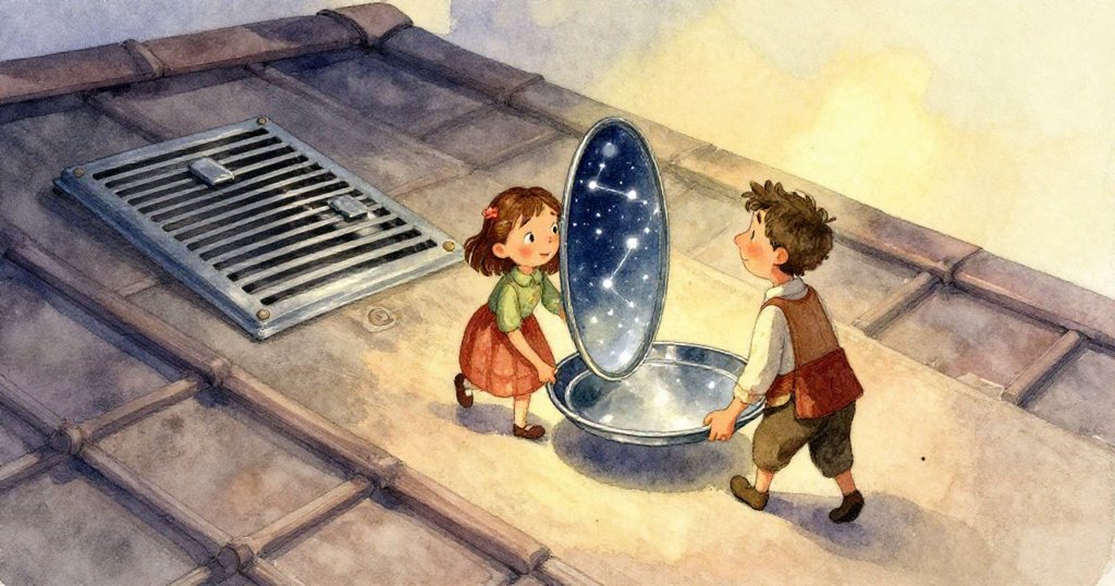 Mae 與 Oscar 踏著斜屋頂上堅定的腳印，小心搬運著金屬托盤，動作充滿認真與努力。