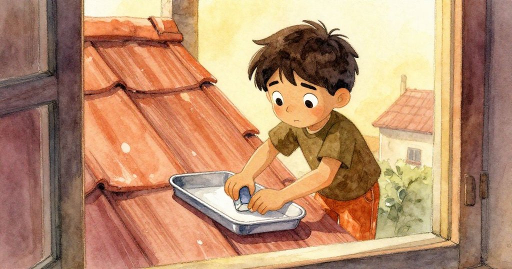 Oscar 聚精會神調整托盤上的粉筆橡皮，透過窗戶觀察屋頂，充滿專注與熱心，準備星象儀式。