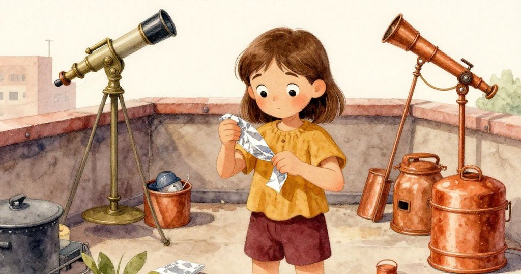 Mae 在室內準備鋁箔帶，輕巧摺疊成彩帶形狀，動作靈巧，籌劃吸引海鷗協助達陣星空計畫。