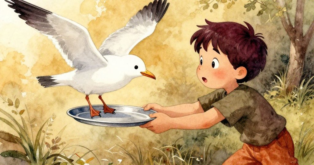 Oscar 迅速用橡皮試圖調整偏斜托盤，同時海鷗靠近誘惑在光影中互動，場面充滿張力。