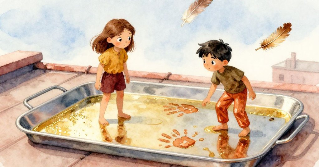 屋頂上泛著均勻水面的托盤靜靜旋轉，Mae 與 Oscar 靜觀手印和流動羽毛，寓意遷變與希望，滿懷感慨。