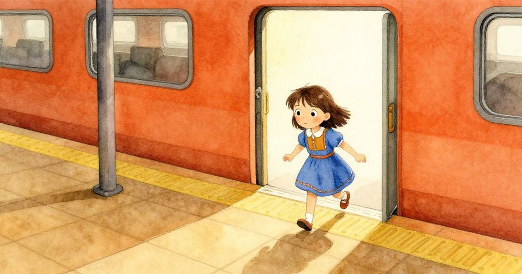 Hana 踏入火車站門口，黃線指引下充滿期待，背景顯示鐵柱和瓷磚，氛圍溫暖明亮。