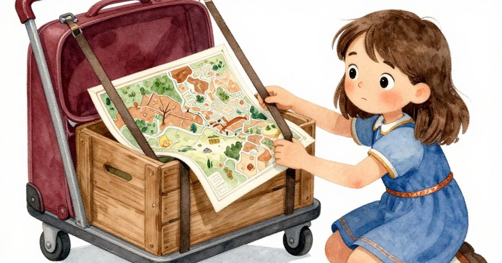 Hana 膝跪行動，專注檢視木箱與橡膠帶，展示藝術地圖局部細節，現場充滿樸實溫暖感。