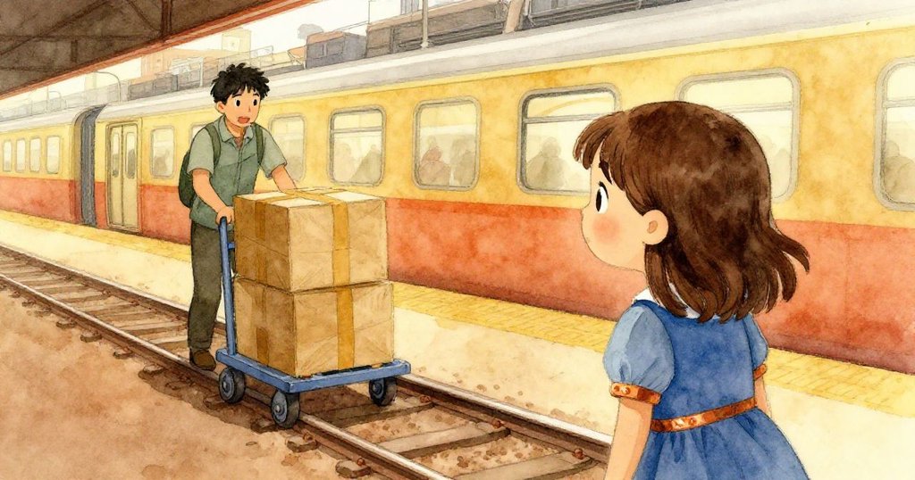 Hana 從身後觀察搬運工推動裝載箱車，鋼軌和火車站細節彰顯動態節奏與忙碌氣氛。