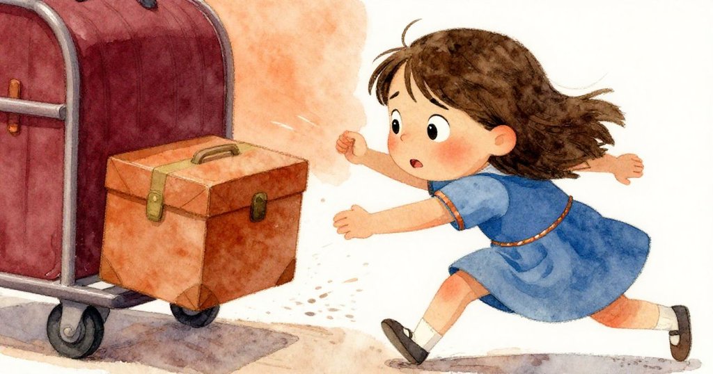 Hana 當機立斷用腳制動接住橫滾箱子，神情專注堅毅，台階與車筐塑造動感劇情。