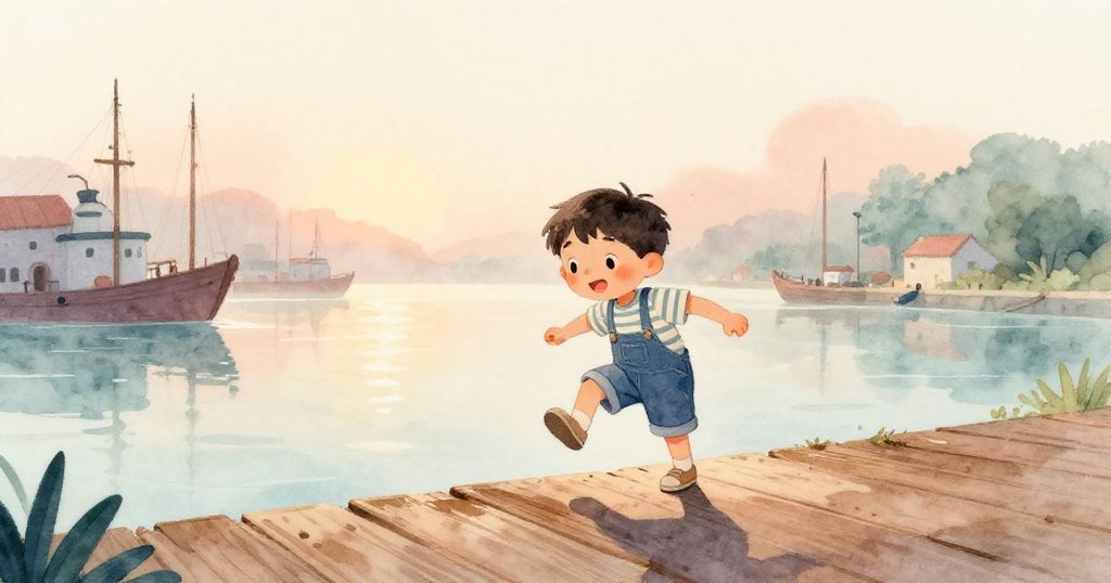 Max跨越濕滑木板，手持小鏡在海港晨霧中前行，臉上充滿期待與溫柔的早晨情感，背景展現海水與柔光。