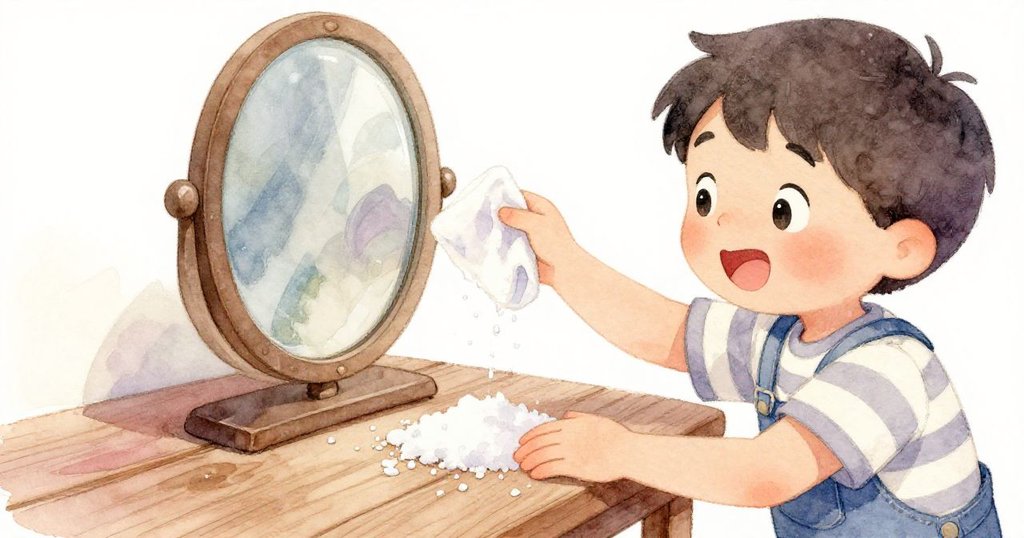 Max專注地擦拭鏡面上的鹽跡，特寫展示濕潤木板紋理與鏡面的光斑，傳達細膩且溫柔的清晨情境。