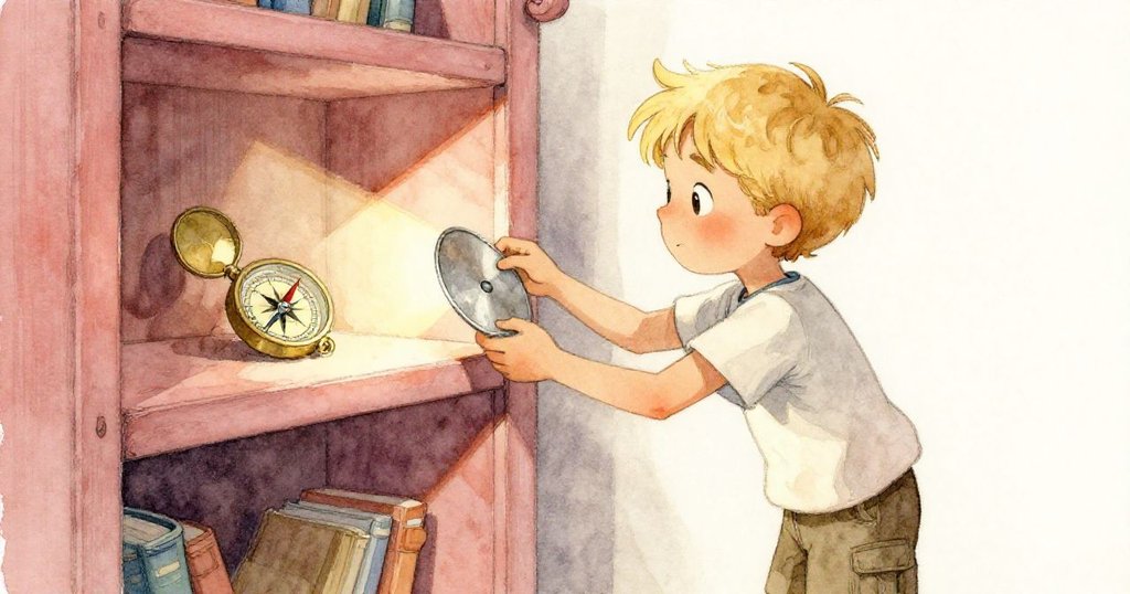 Luke在微光中調整鐵片，試圖用陽光驅散暗影，仔細觀察被陰影籠罩的銅質指南針，流露出堅定與探索的心情。