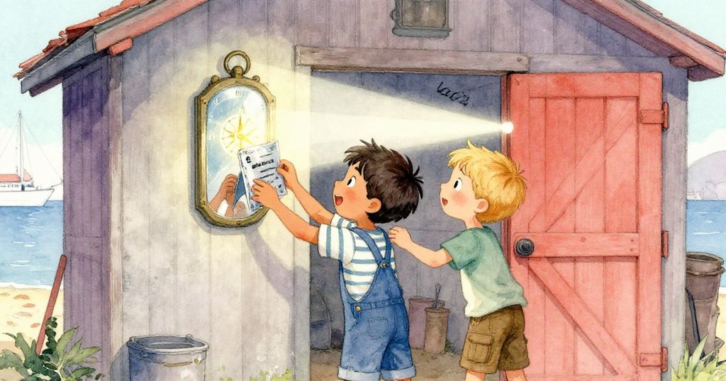 Max與Luke齊心協力調整鏡子與鐵片，成功將一道光線分裂暗影，指針閃爍著綠光，團隊合作充滿希望與溫暖。