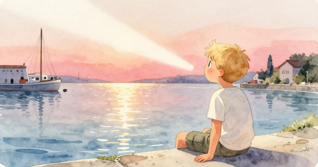 Luke靜坐海邊，凝視跳動的光影映在水面上，溫柔海風與夕陽交織，傳遞著冒險後的寧靜與滿足。