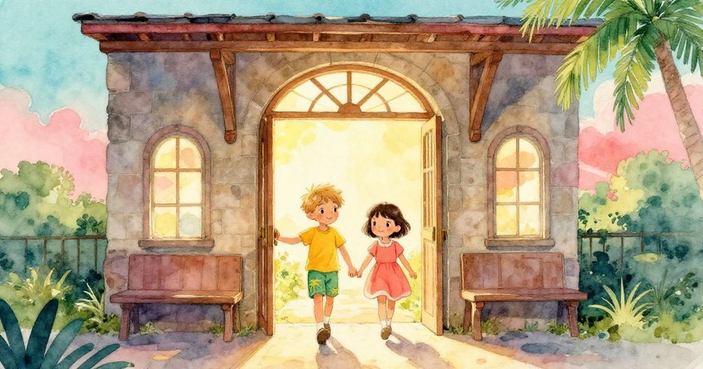 Vance與Bea走過車站拱門，滿懷期待邁入入口，背景金色光芒映出神秘且溫暖的氣氛。