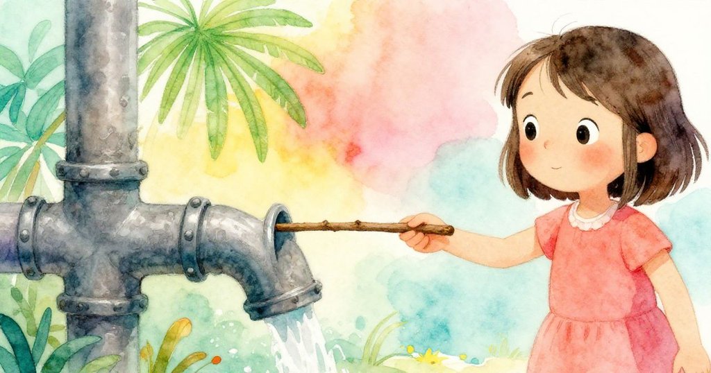 Bea輕觸生銹水管，用細棒輕擊，金屬表面紋理清晰，其眼神專注而溫柔。