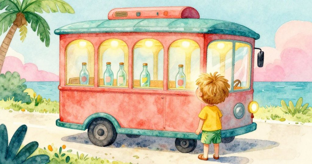 Vance從背後觀察Bea，凝視車廂中搖晃的輪子與玻璃瓶，露出驚奇與期待的光芒。