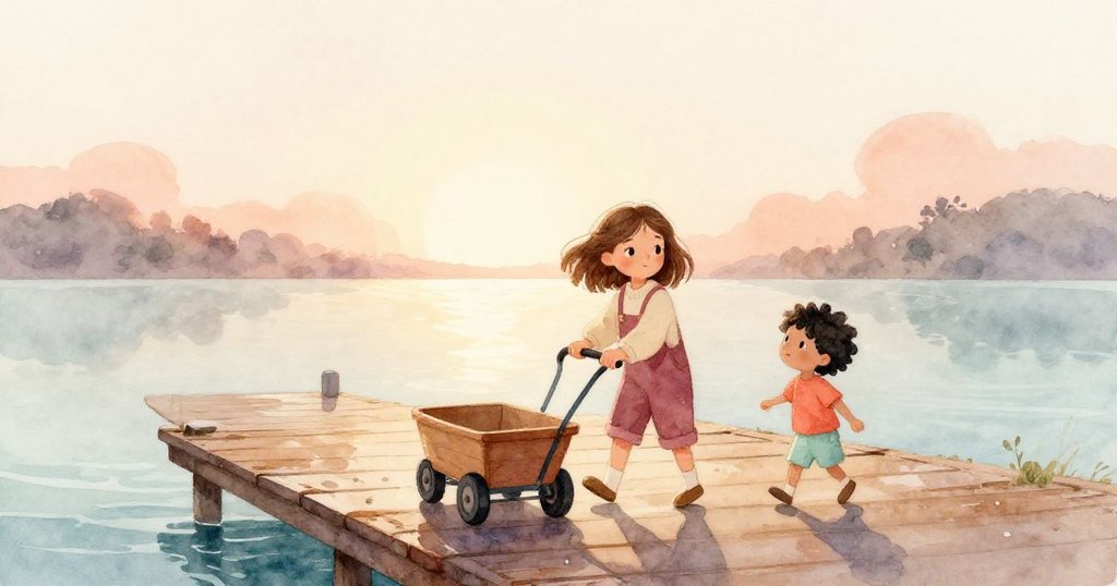 陽光初升，Ruby推著手推車行於濕潤的碼頭，弟弟Jude緊隨其後，神情專注且滿懷期待，展現溫暖早晨。