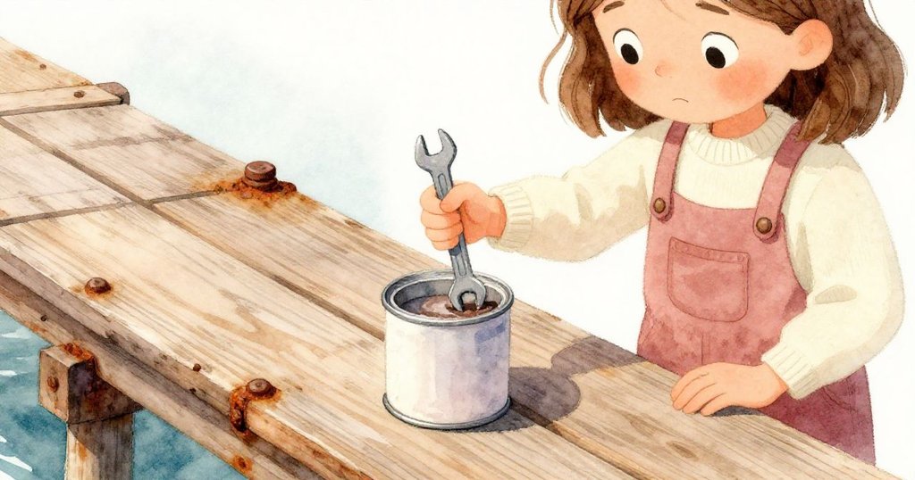 Ruby跪在老舊木板上，用扳手仔細上油金屬扣具，手部與木材細節清晰，顯示專注與勤勞。