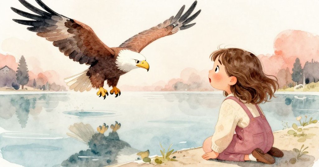 Ruby專注於工作時，鷹掠過水面，水面映出鷹影與Ruby驚訝神情，呈現動態與寧靜交錯。