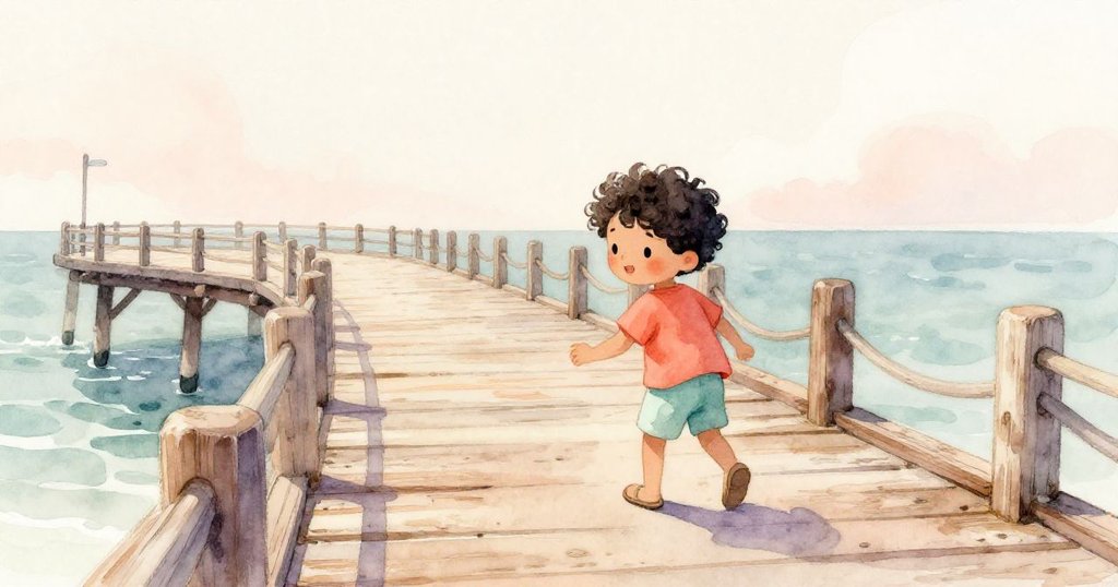 柔和季節光中，Jude嬉戲探索歷史刻痕的木板，海風吹拂碼頭，營造出懷舊溫暖的氛圍。