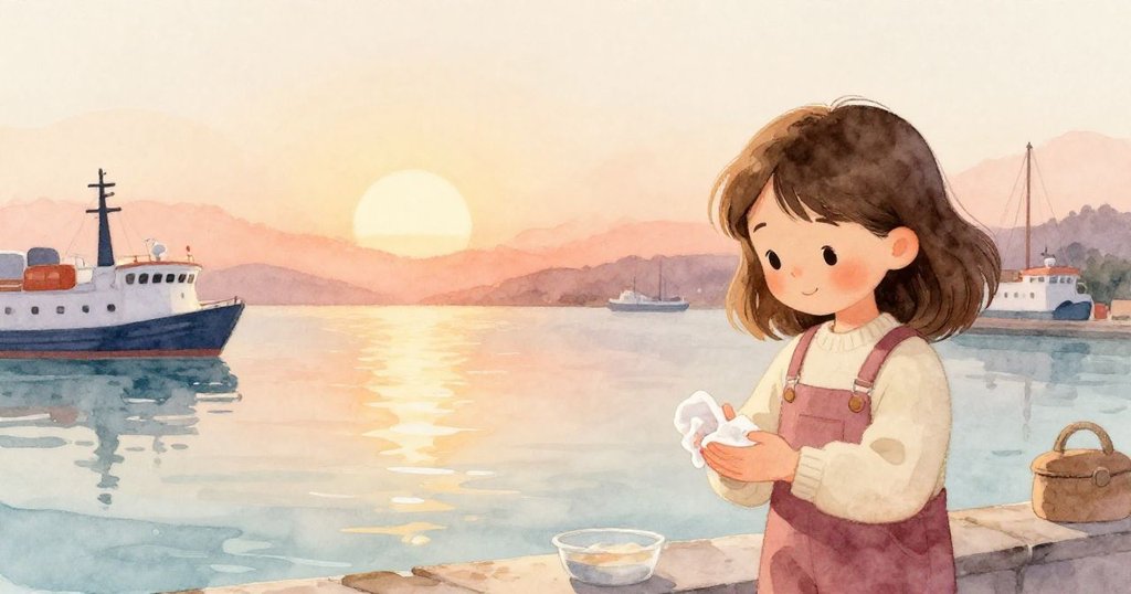 日落餘暉中，Ruby在碼頭分外安寧，她擦拭手油，露出滿足微笑，背後水面映照金色光芒，平靜而溫馨。