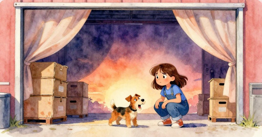 在夕陽餘暉下，勇敢的June與她的狗狗Rusty蹲在載貨門口，紙箱堆疊與飄動的布幕營造出冒險氛圍。