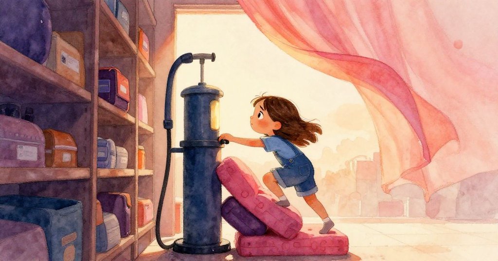 在狹窄儲藏室過道，June攀登泡棉墊，試圖夾近高架塑膠手泵，背後飄動布幕營造緊張冒險感。