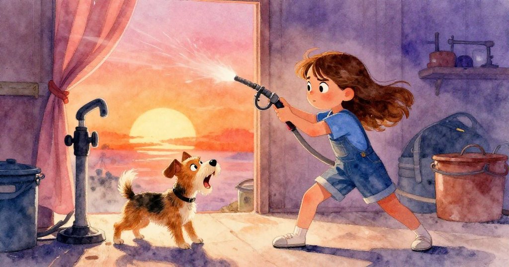 急促場景中，June緊扣手泵軟管，面對逼近的布幕拼盡全力，Rusty在下方熱切吠叫，氣氛急迫。