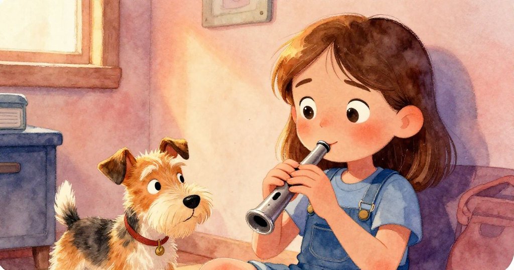 緊張過後，June捧著小奏鳴口哨展露寬慰笑容，Rusty平靜依偎，儲藏室角落映出溫暖光暈。