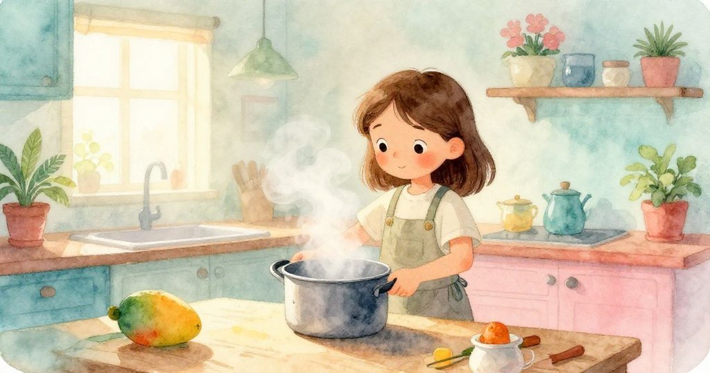 科拉在溫暖廚房中舉起冒蒸氣的鍋子,窗外晨霧彌漫,表情專注溫柔,展現早晨的寧靜氛圍。