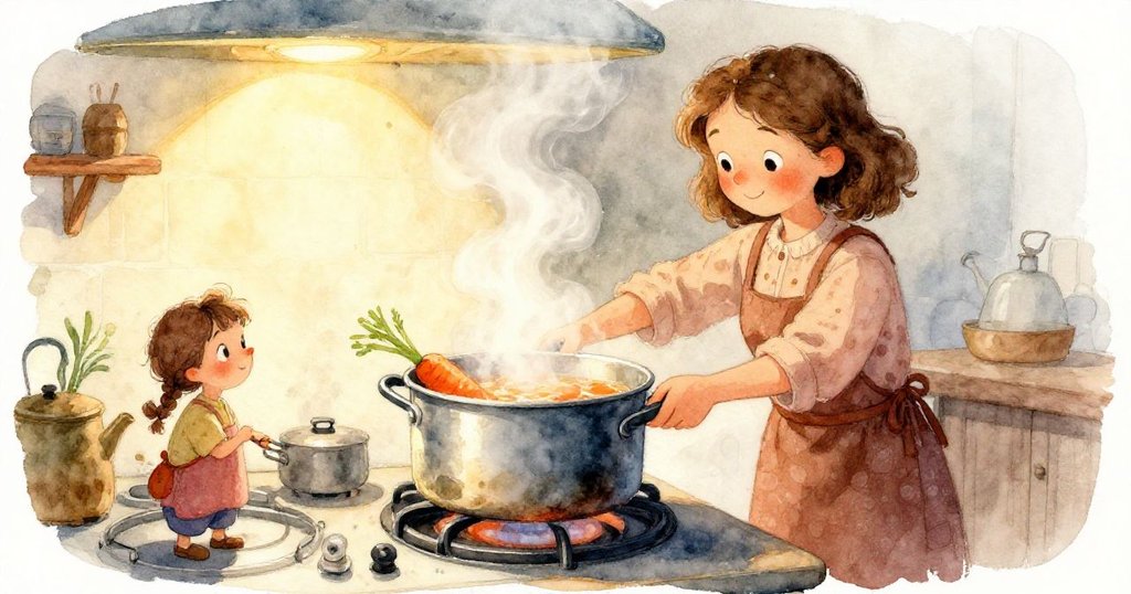 科拉專注的雙手輕輕擦拭蒸氣,細節展現布毛巾和鍋子上閃亮水珠,動作溫柔細膩。