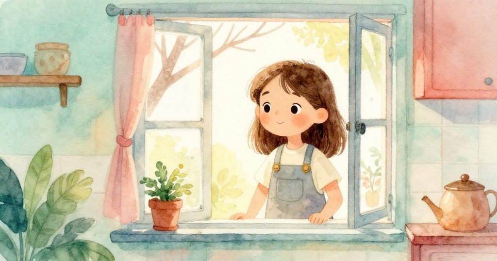 科拉站在廚房窗前,透過窗戶凝望外面裸露樹枝投下的柔和陰影,神情深思而溫馨。