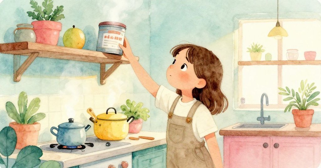 科拉在廚房中伸手取高架上小罐子,蒸氣繚繞中動作小心,表情專注,氛圍寧靜溫暖。