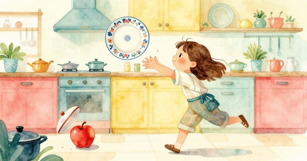 科拉在廚房急救、迅速攔下旋轉盤子與滾動蘋果,表情驚訝又堅決,動作充滿活力。