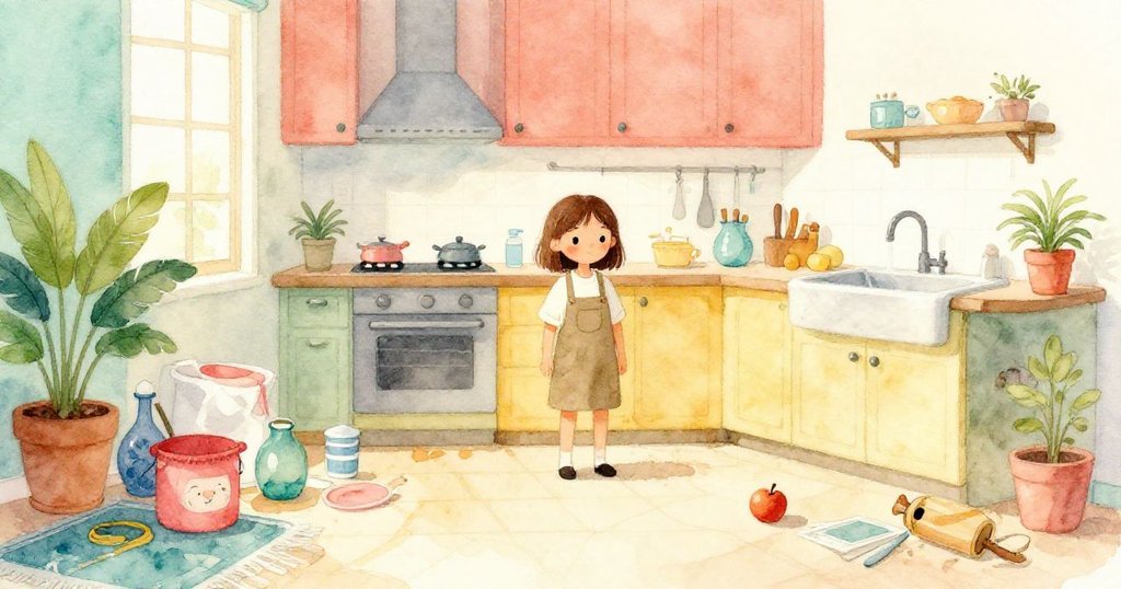 科拉在整齊廚房中平靜站立,蒸氣緩緩飄散,只有一顆蘋果在水槽旁輕輕滾動,展現從緊張到寧靜的轉變。